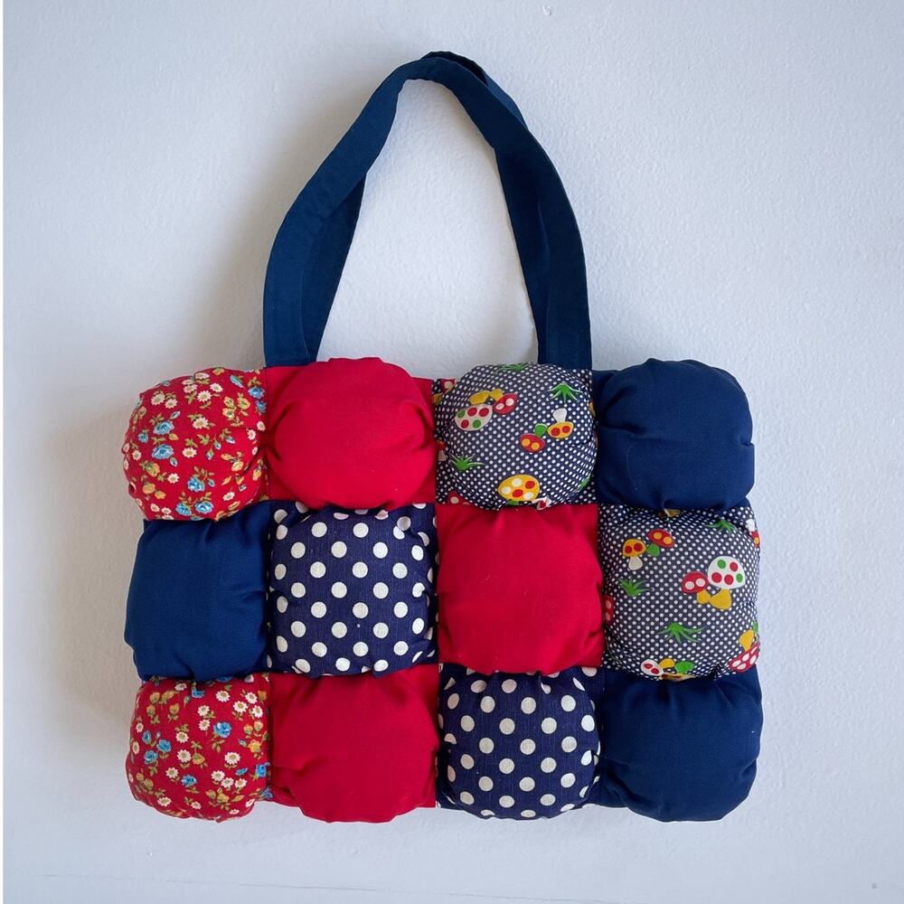 Vtg 70s Patchwork Cottagecore Bubble Bag Purse / Mushroom Polkadot Floral Unique